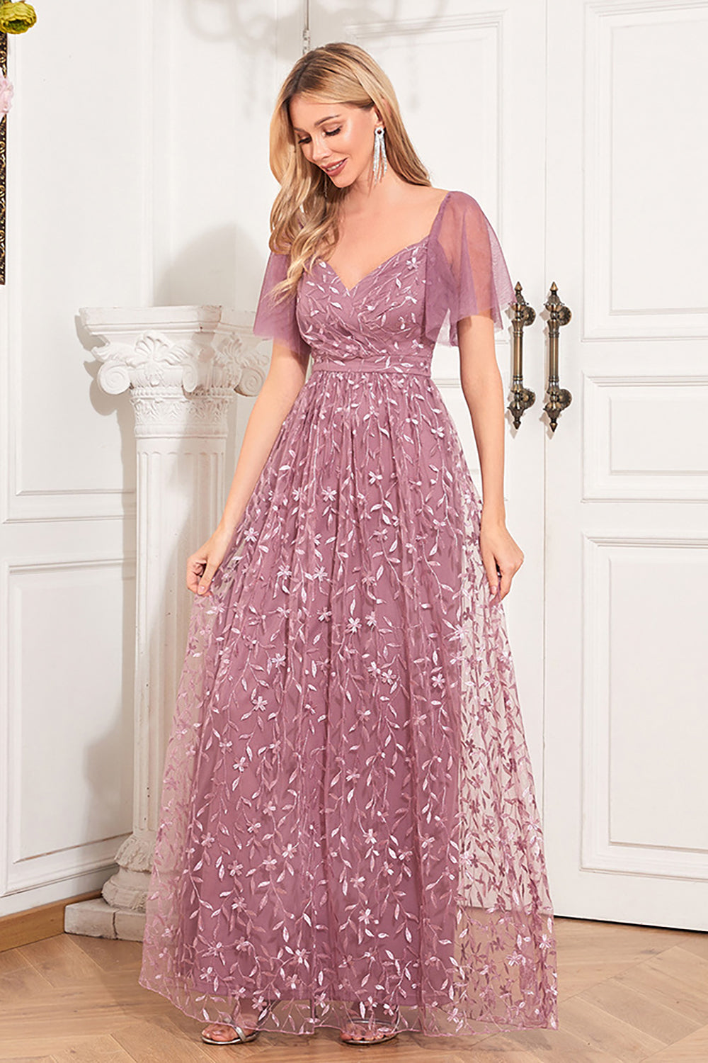 Dusty Rose A Line Sweetheart Sequins Lace Evening Dress With Short Sleeves