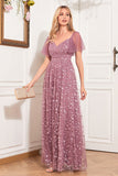 Dusty Rose A Line Sweetheart Sequins Lace Evening Dress With Short Sleeves