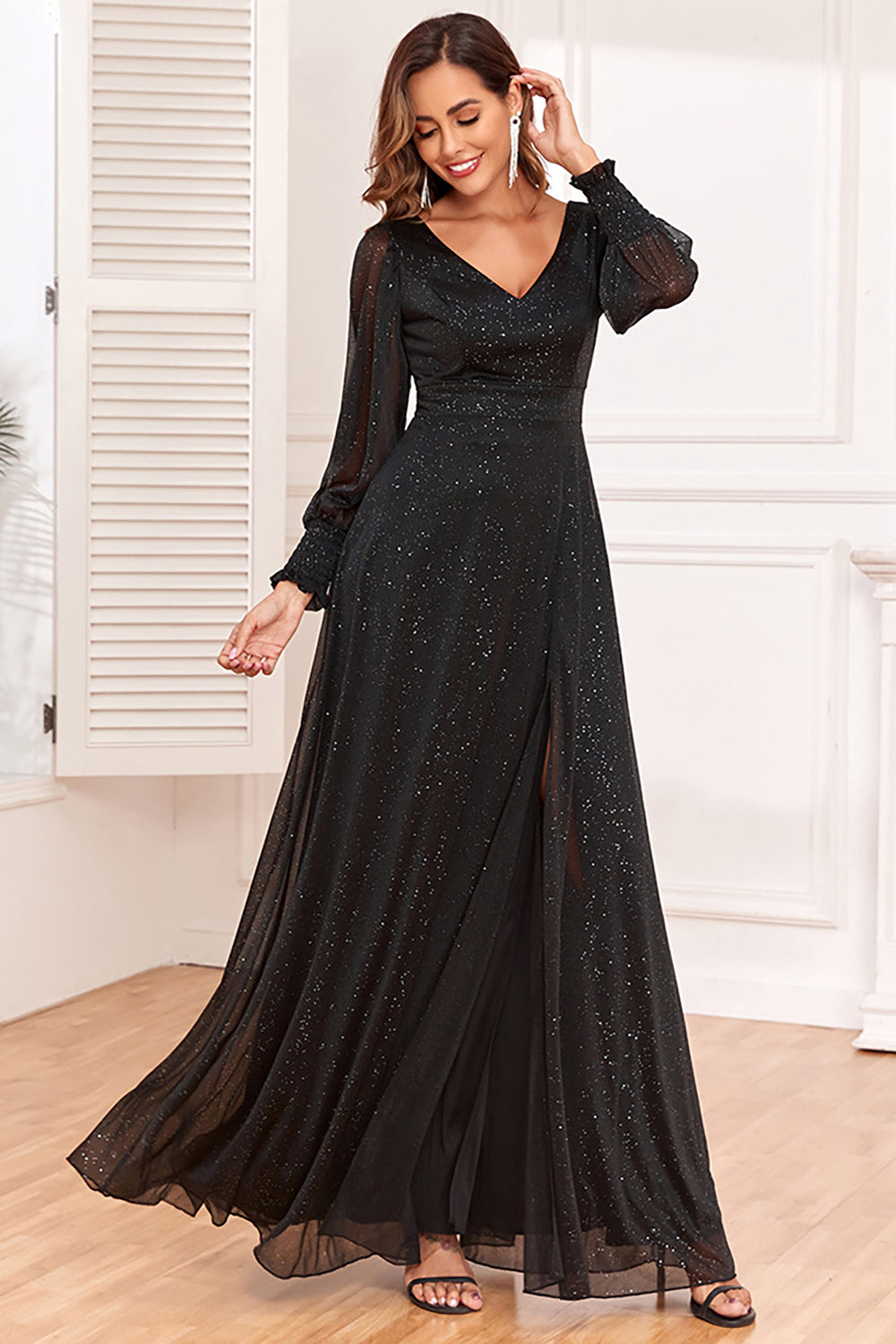 Wedtrend Women Black Formal Dress A Line V Neck Chiffon Evening Dress With Long Sleeves WEDTREND Wedtrend Women Black Formal Dress A Line V Neck Chiffon Evening Dress With Long Sleeves WEDTREND