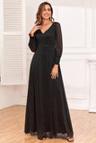 Black A Line V Neck Chiffon Evening Dress With Long Sleeves