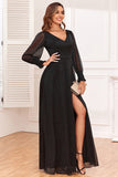 Black A Line V Neck Chiffon Evening Dress With Long Sleeves