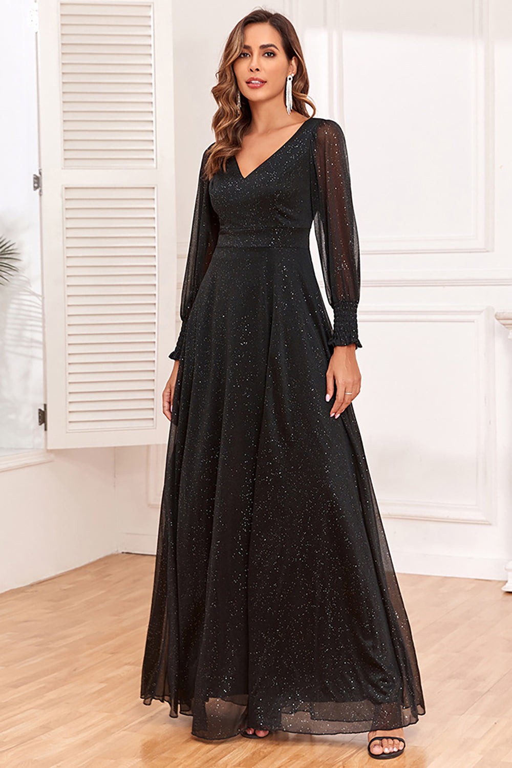Wedtrend Women Black Formal Dress A Line V Neck Chiffon Evening Dress With Long Sleeves WEDTREND Wedtrend Women Black Formal Dress A Line V Neck Chiffon Evening Dress With Long Sleeves WEDTREND