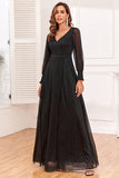 Black A Line V Neck Chiffon Evening Dress With Long Sleeves