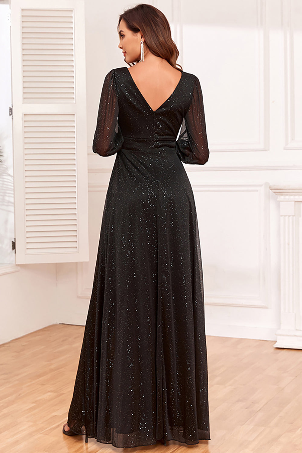 Wedtrend Women Black Formal Dress A Line V Neck Chiffon Evening Dress With Long Sleeves WEDTREND Wedtrend Women Black Formal Dress A Line V Neck Chiffon Evening Dress With Long Sleeves WEDTREND