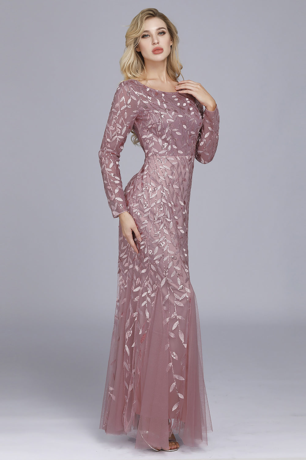 Gold Mermaid Sequins Tulle Evening Dress With Long Sleeves