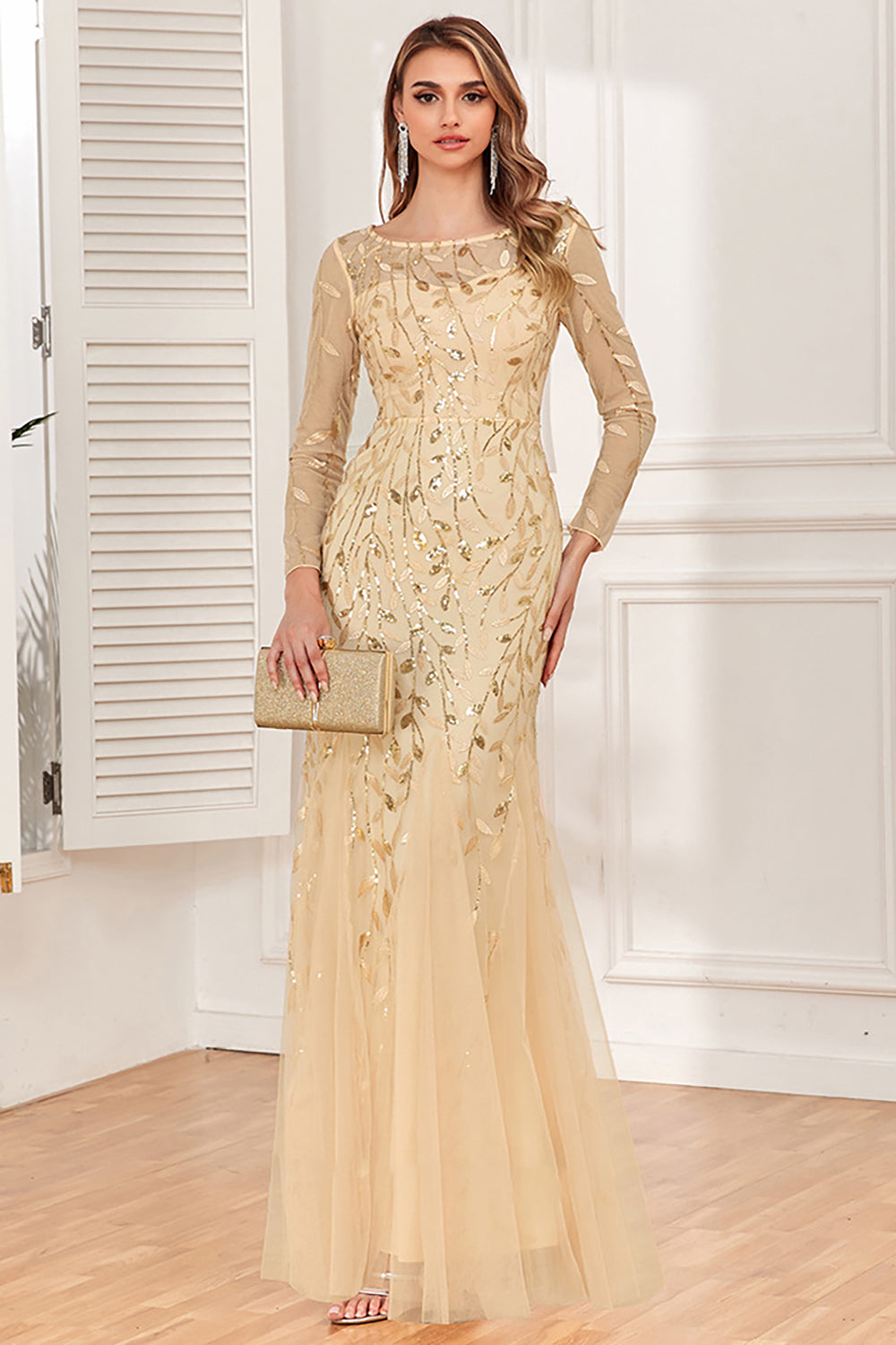 Wedtrend Women Gold Formal Dress Mermaid Sequins Tulle Evening Dress
