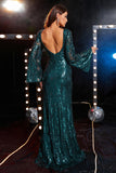 Peacock Mermaid V-Neck Sparkly Sequin Formal Dress With Long Sleeves