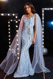 Light Blue Mermaid V-Neck Sparkly Sequin V-back Formal Dress