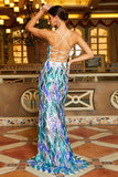 Blue Mermaid Halter Sparkly Sequin Open Back Formal Dress With Slit