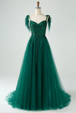 Dark Green A-Line Spaghetti Straps Long Prom Dress with Beading