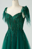 Dark Green A-Line Spaghetti Straps Long Prom Dress with Beading