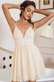 White A-Line Spaghetti Straps Backless Polka Dots Holiday Party Dress
