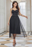 Sparkly Spaghetti Straps Pleated Tulle Little Black Dress with Fringes