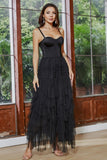 A-Line Spaghetti Straps Corset Ruffled Asymmetrical Little Black Dress