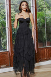 A-Line Spaghetti Straps Corset Ruffled Asymmetrical Little Black Dress