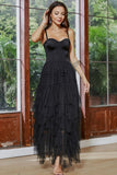 A-Line Spaghetti Straps Corset Ruffled Asymmetrical Little Black Dress