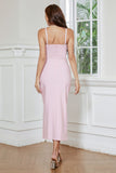 Sparkly Candy Pink Sheath Spaghetti Straps Beaded Tea-Length Dress with Slit