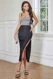 Sparkly Candy Pink Sheath Spaghetti Straps Beaded Tea-Length Dress with Slit