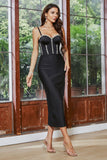 Sparkly Black Spaghetti Straps Corset Sheath Cocktail Party Dress