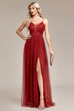 Rust A-Line Sequins Spaghetti Straps Long Prom Dress with Slit