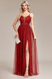 Rust A-Line Sequins Spaghetti Straps Long Prom Dress with Slit