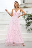 Pink A Line Spaghetti Straps Wedding Guest Dress with Flowers