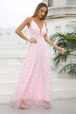 Pink A Line Spaghetti Straps Wedding Guest Dress with Flowers