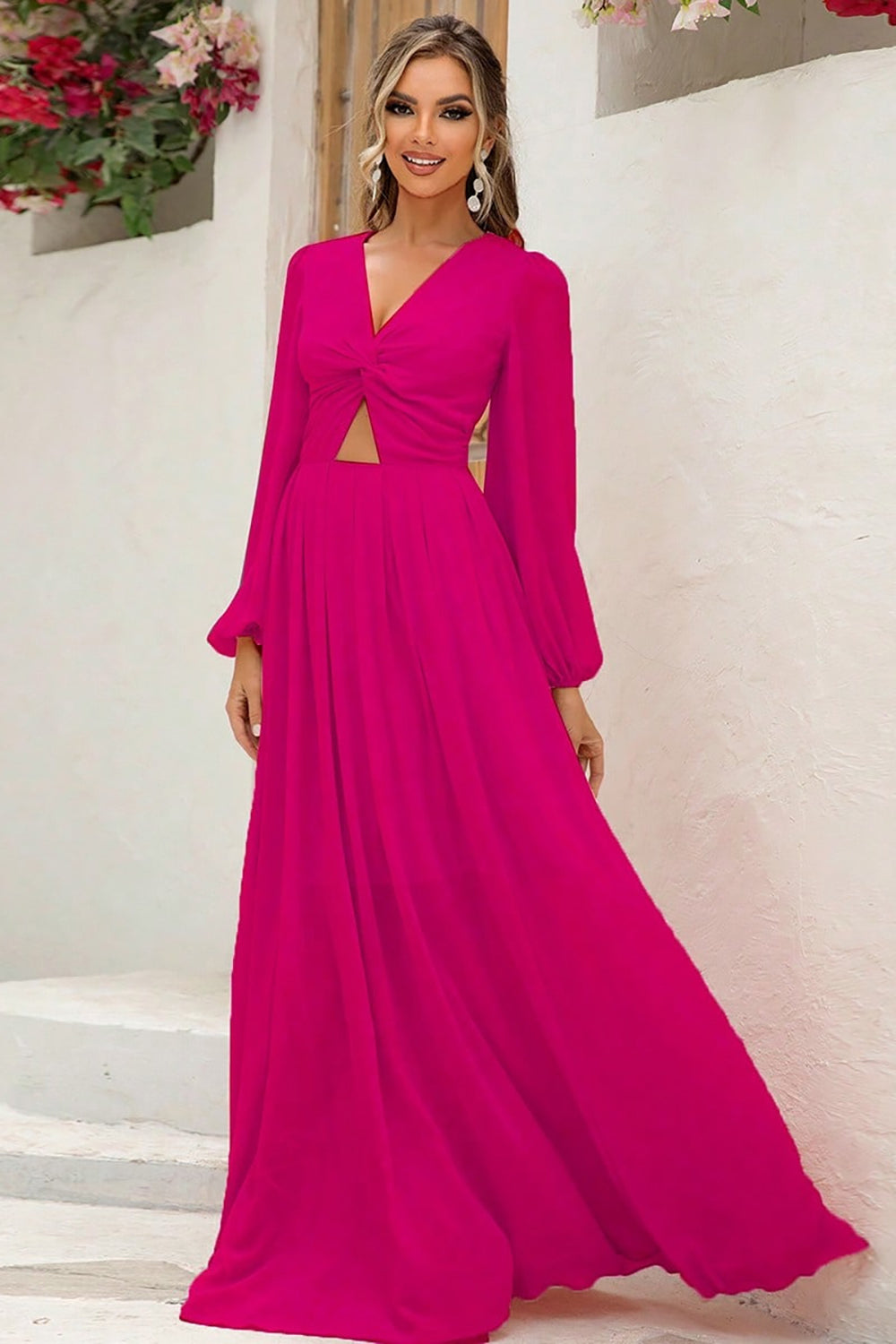 Wedtrend Women Blush A-Line Long Sleeves V Neck Long Formal Dress WEDTREND Wedtrend Women Blush A-Line Long Sleeves V Neck Long Formal Dress WEDTREND