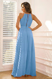 Blue A-Line Halter Sleeveless Long Wedding Guest Dress