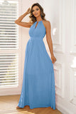 Blue A-Line Halter Sleeveless Long Wedding Guest Dress