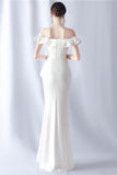 White Mermaid Off the Shoulder Long Formal Dress with Ruffles