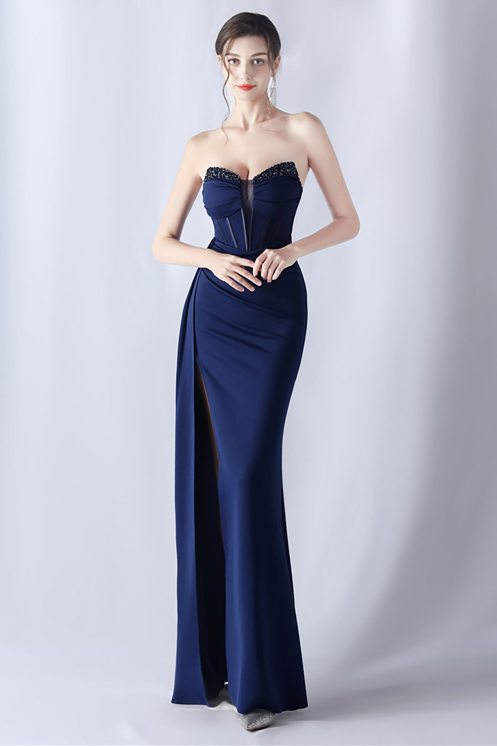 Wedtrend Women Navy Mermaid Strapless Long Corset Prom Dress with Slit WEDTREND Wedtrend Women Navy Mermaid Strapless Long Corset Prom Dress with Slit WEDTREND