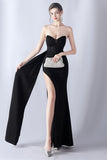 Navy Mermaid Strapless Long Corset Prom Dress with Slit