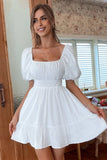 White Square Neck Mini Graduation Dress With Short Sleeves