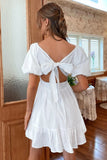 White Square Neck Mini Graduation Dress With Short Sleeves