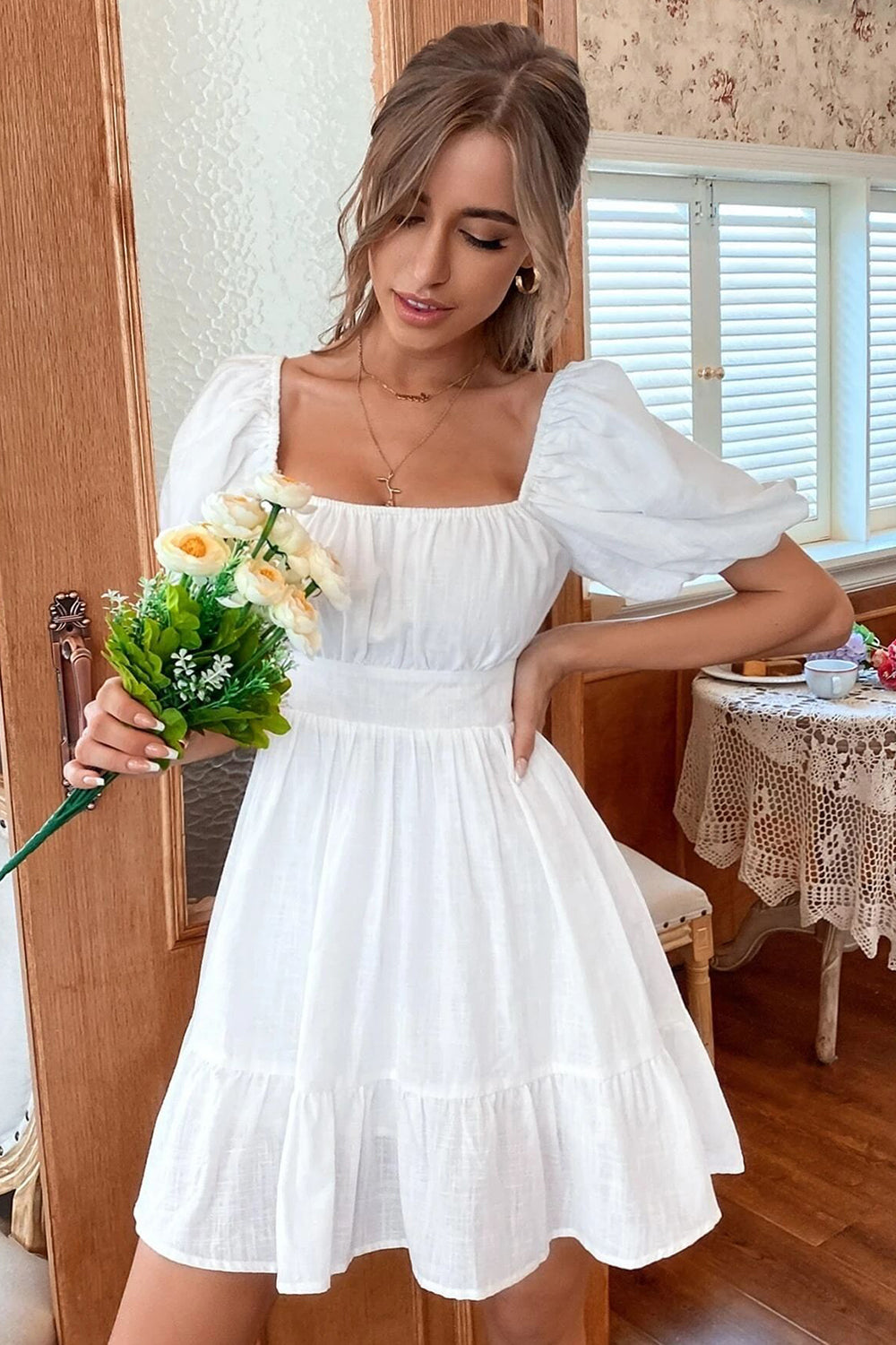 sleeves white dress Wedtrend Women White Graduation Dress Square Neck Mini Holiday Party Dress With Short Sleeves – WEDTREND