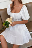 White Square Neck Mini Graduation Dress With Short Sleeves