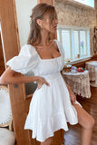 White Square Neck Mini Graduation Dress With Short Sleeves