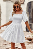 White A Line Square Neck Mini Graduation Dress With Short Sleeves