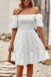 White A Line Square Neck Mini Graduation Dress With Short Sleeves