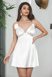 Simulated Silk Satin Deep V Backless Little White Graduation Dress With Flowers