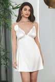 Simulated Silk Satin Deep V Backless Little White Graduation Dress With Flowers