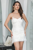 Modest Lace Spaghetti Straps Pleated Bodycon White Short Graduation Dress
