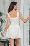 Cute White A Line Square Neck Pleated Graduation Dress With Lace