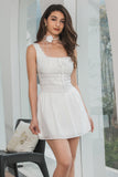 A Line Square Neck Pleated Little White Graduation Dress With Lace