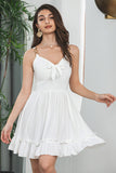 White A Line Spaghetti Straps Pleated Short Graduation Dress With Bow