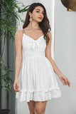 White A Line Spaghetti Straps Pleated Short Graduation Dress With Bow