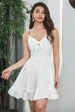 Cute White A Line Spaghetti Straps Pleated Short Graduation Dress With Bow