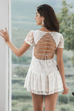 A Line Square Neck Backless Little White Dress With Short Sleeves