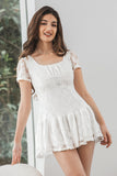 A Line Square Neck Backless Little White Dress With Short Sleeves